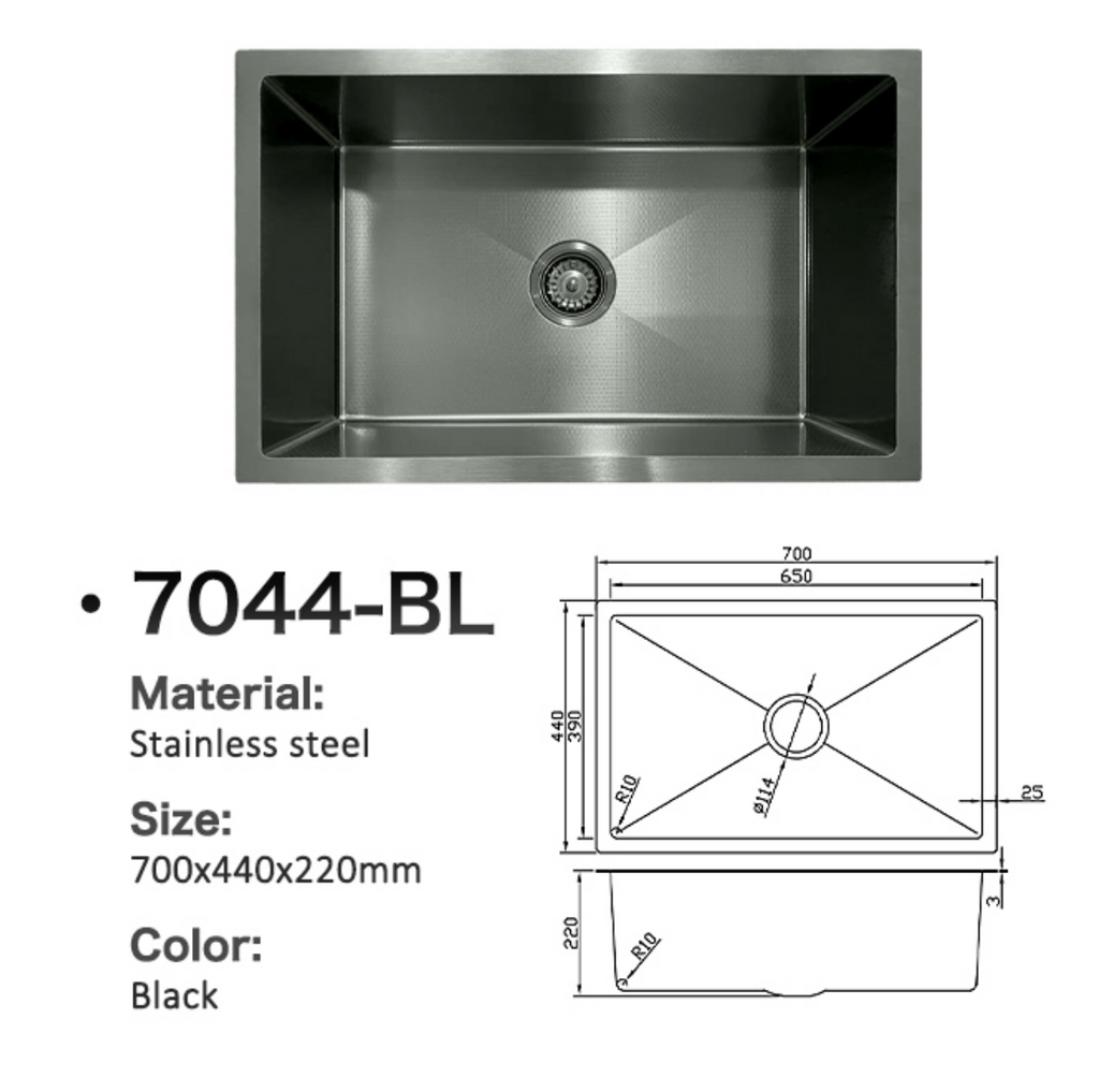 7044-BL Honeycomb Black Stainless Steel Kitchen Sink, 700x440x220mm, Enhanced Scratch Resistant Surface