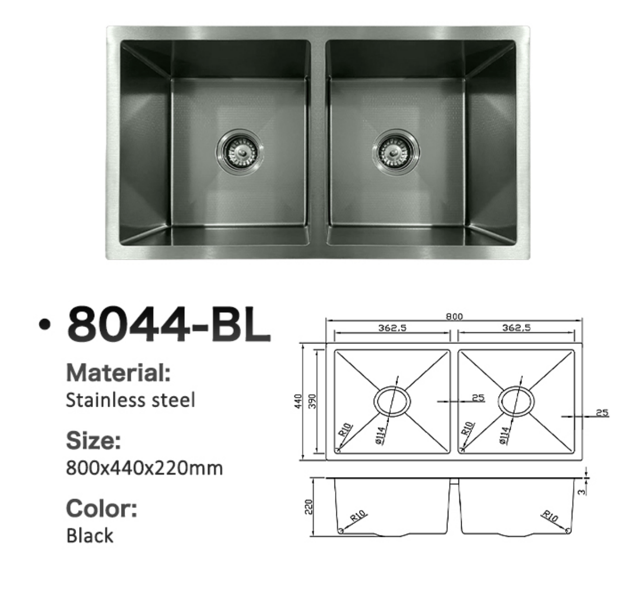 8044-BL Honeycomb Stainless Steel Double Bowl Sink