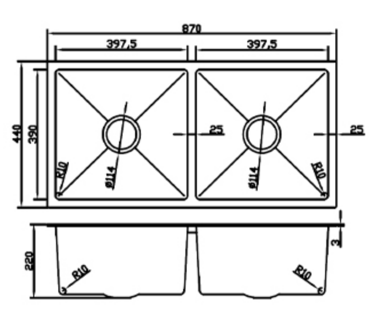 8744-BL Honeycomb Black Stainless Steel Double Bowl Kitchen Sink, 870x440x220mm, Enhanced Scratch Resistant Surface