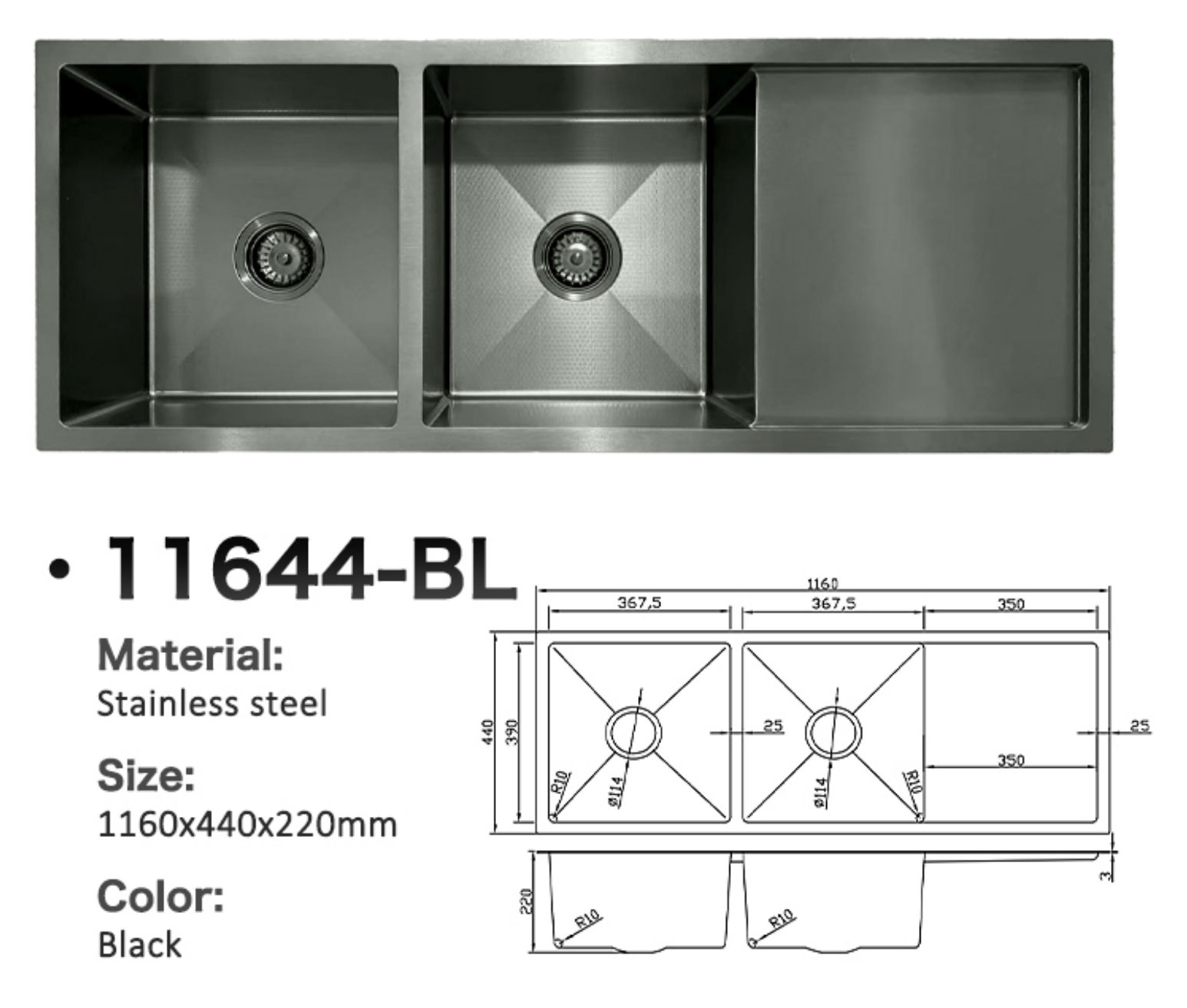 11644-BL Honeycomb Black Stainless Steel Double Bowl Kitchen Sink with Drainer Board, 1160x440x220mm, Enhanced Scratch Resistant Surface