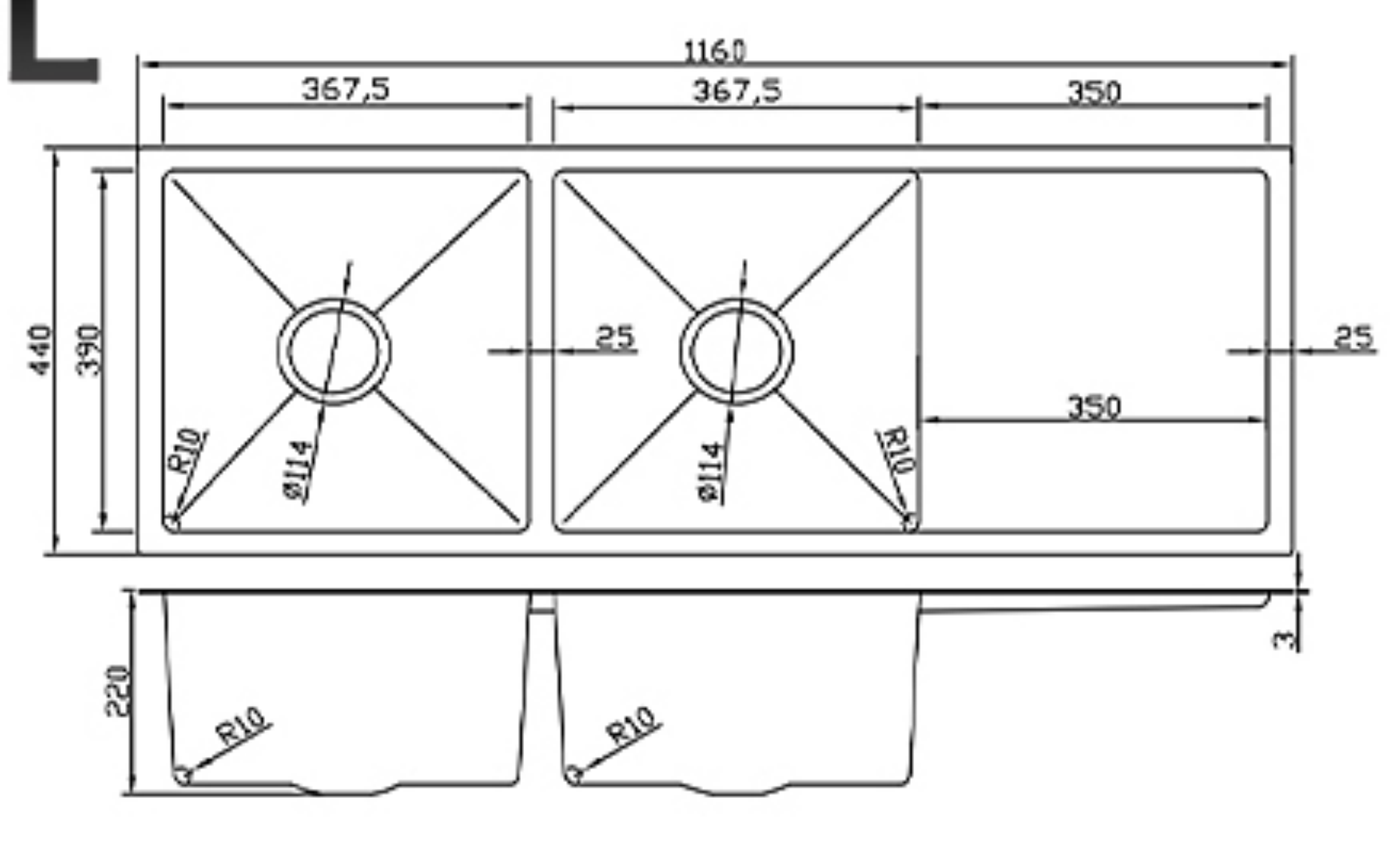 11644-BL Honeycomb Stainless Steel Double Bowl Sink with Right Drainer