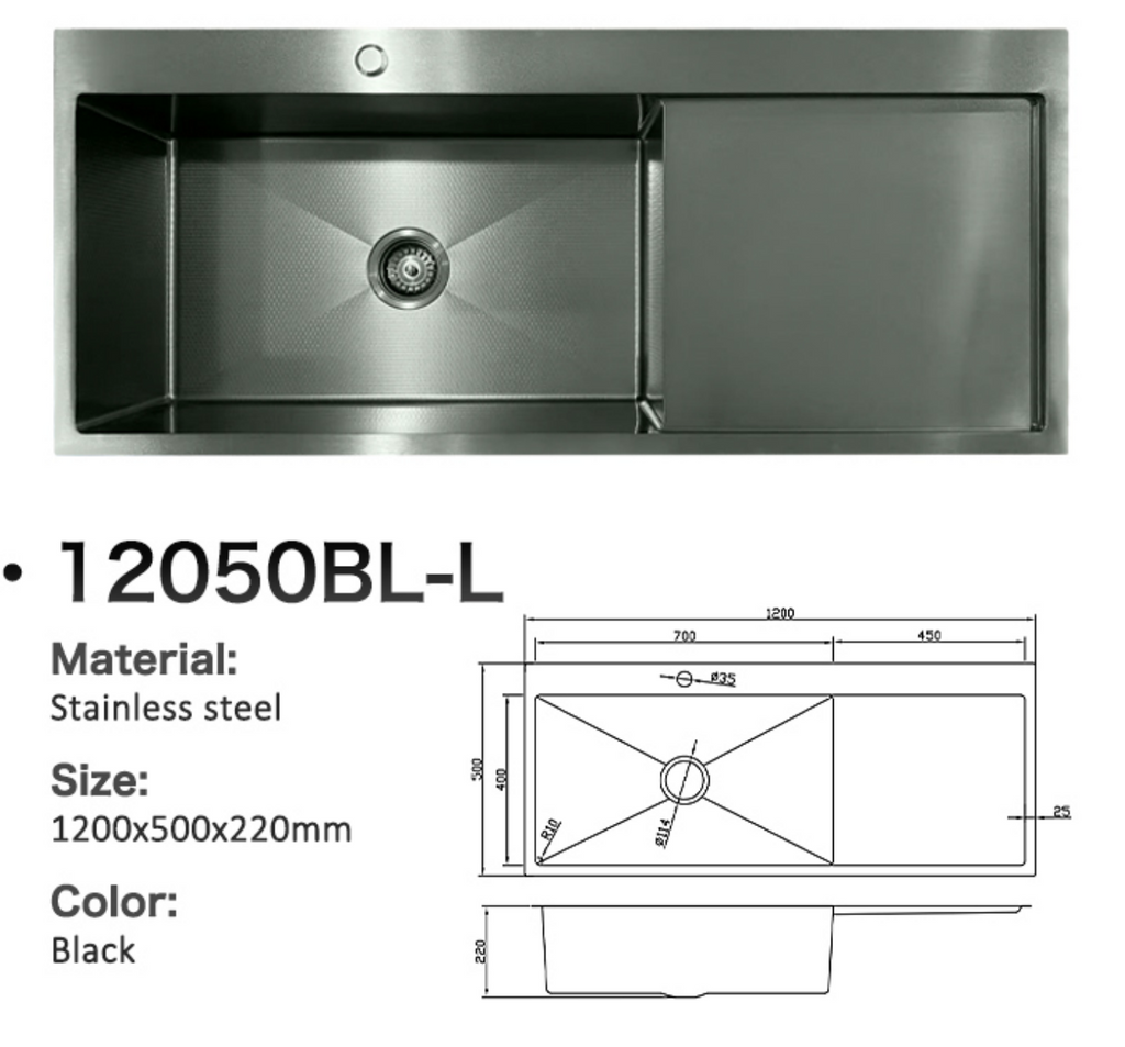 12050BL-L Honeycomb Black Stainless Steel Kitchen Sink with Drainer Board, 1200x500x220mm, Enhanced Scratch Resistant Surface