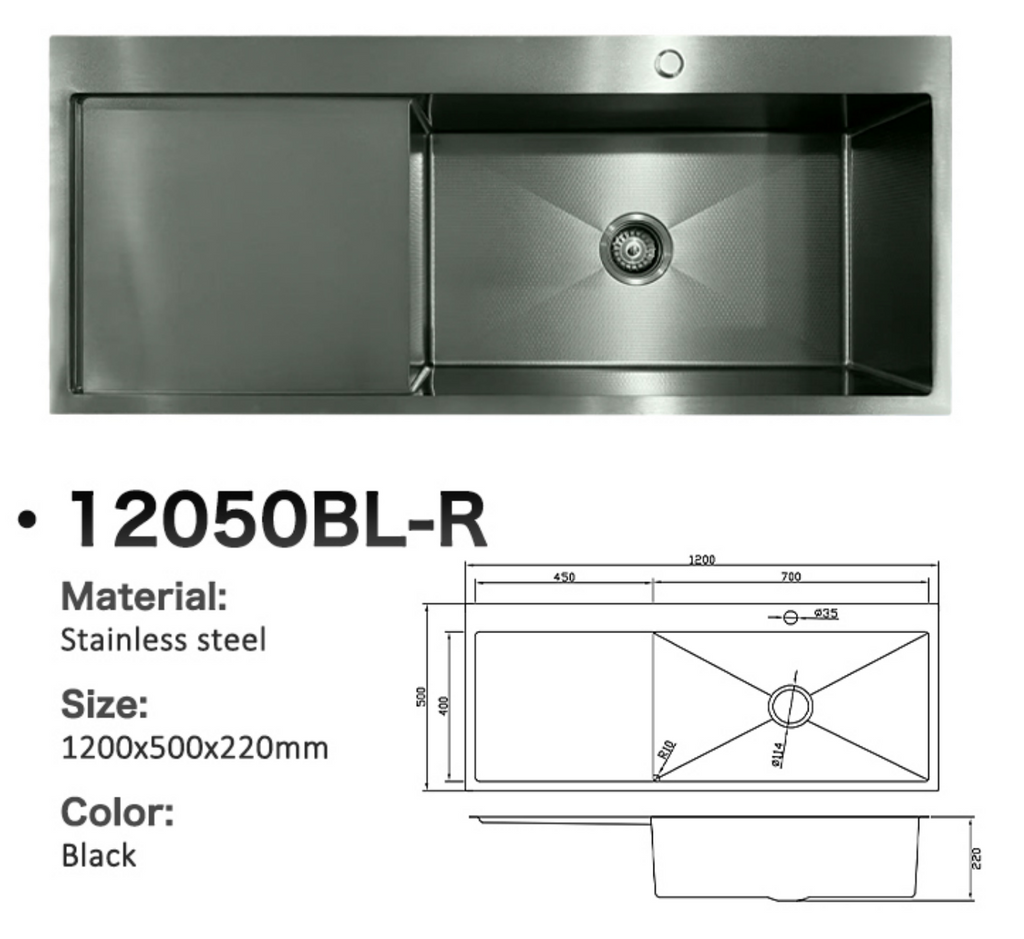 12050BL-R Honeycomb Black Stainless Steel Kitchen Sink with Drainer Board, 1200x500x220mm, Enhanced Scratch Resistant Surface