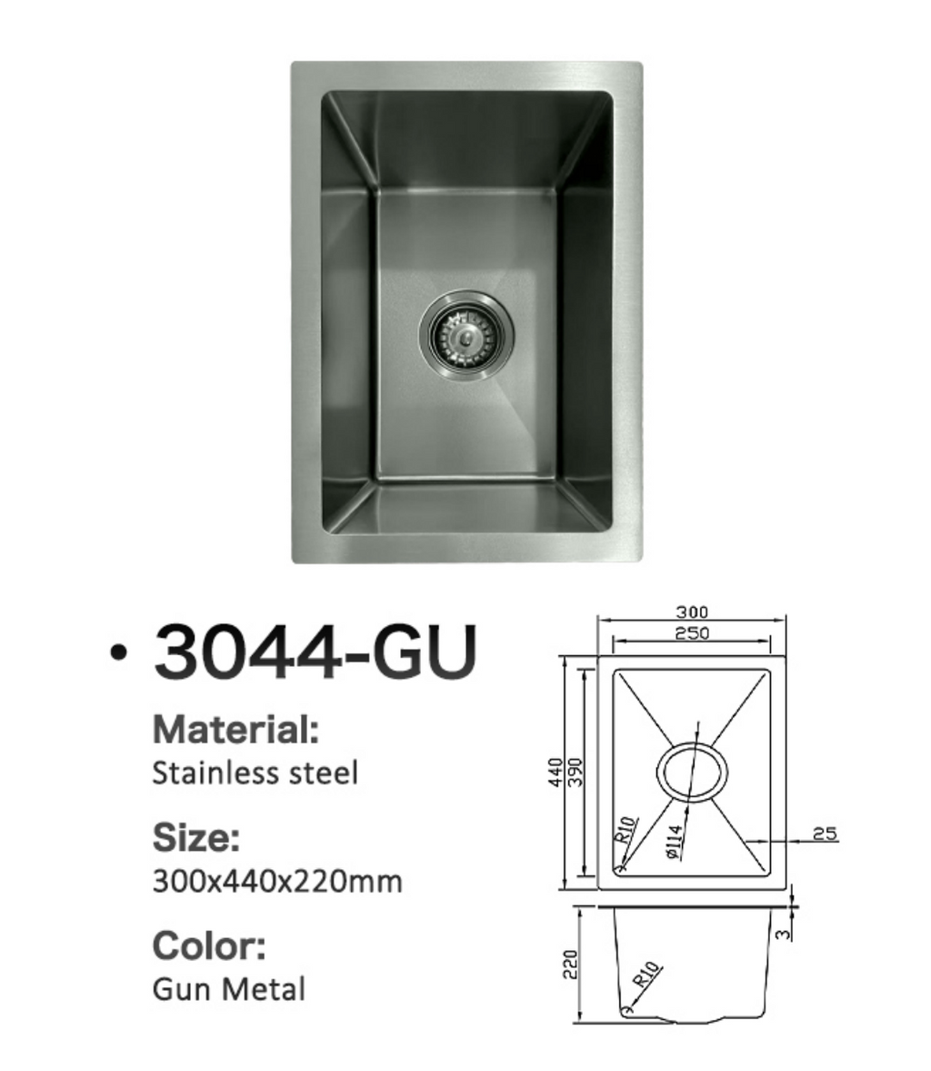 3044-GU Gun Metal Stainless Steel Kitchen Sink, 300x440x220mm, Compact Single Bowl Design