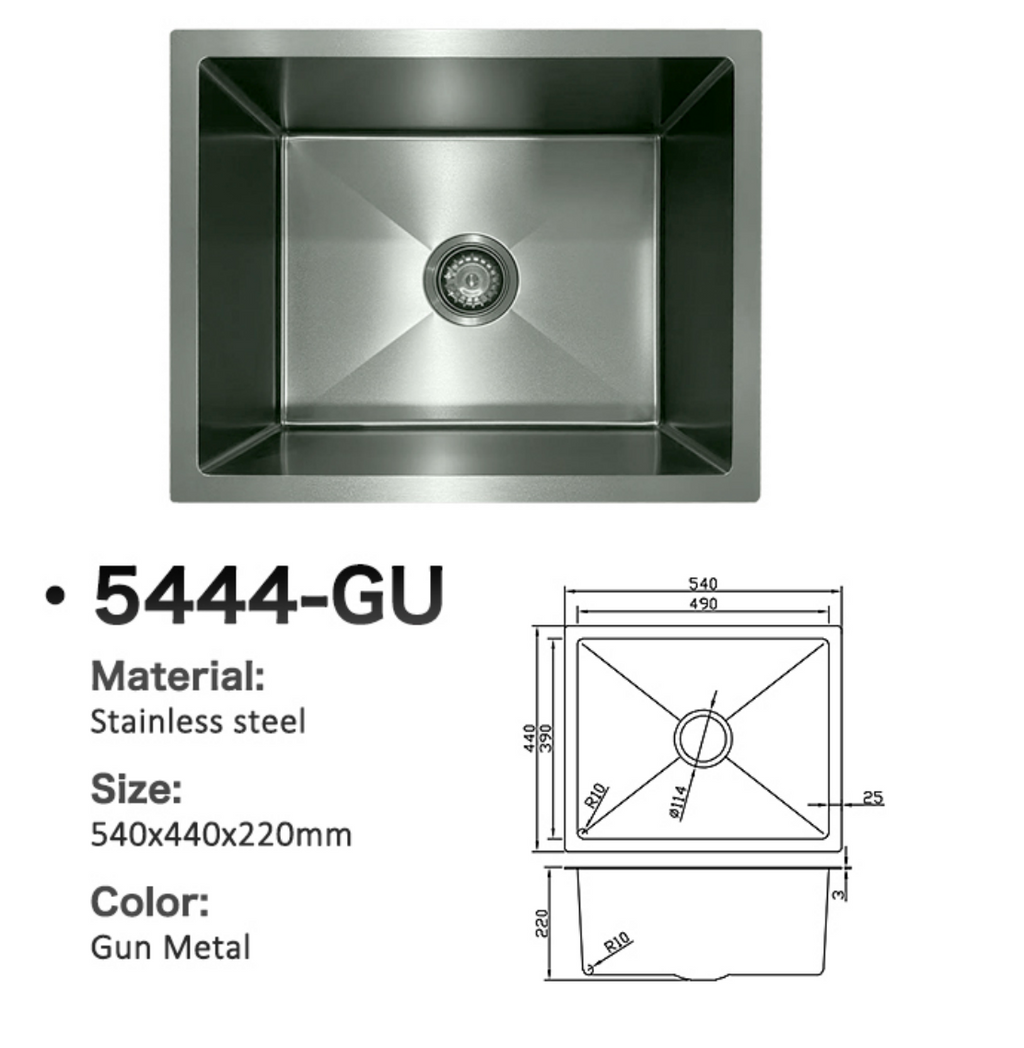 5444-GU Gun Metal Stainless Steel Kitchen Sink, 540x440x220mm, Large Single Bowl Modern Design
