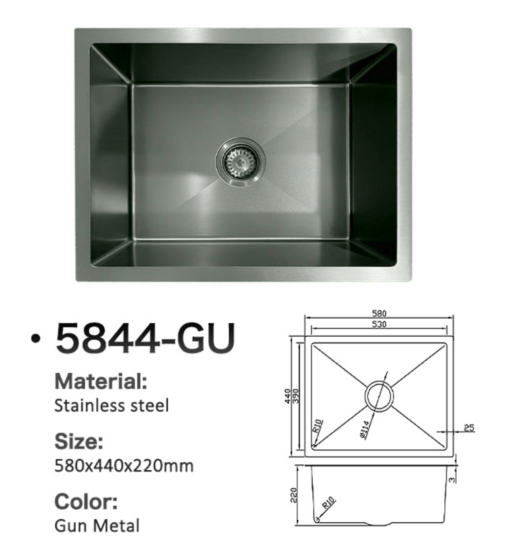 5844-GU Gun Metal Stainless Steel Kitchen Sink, 580x440x220mm, Large Single Bowl Design