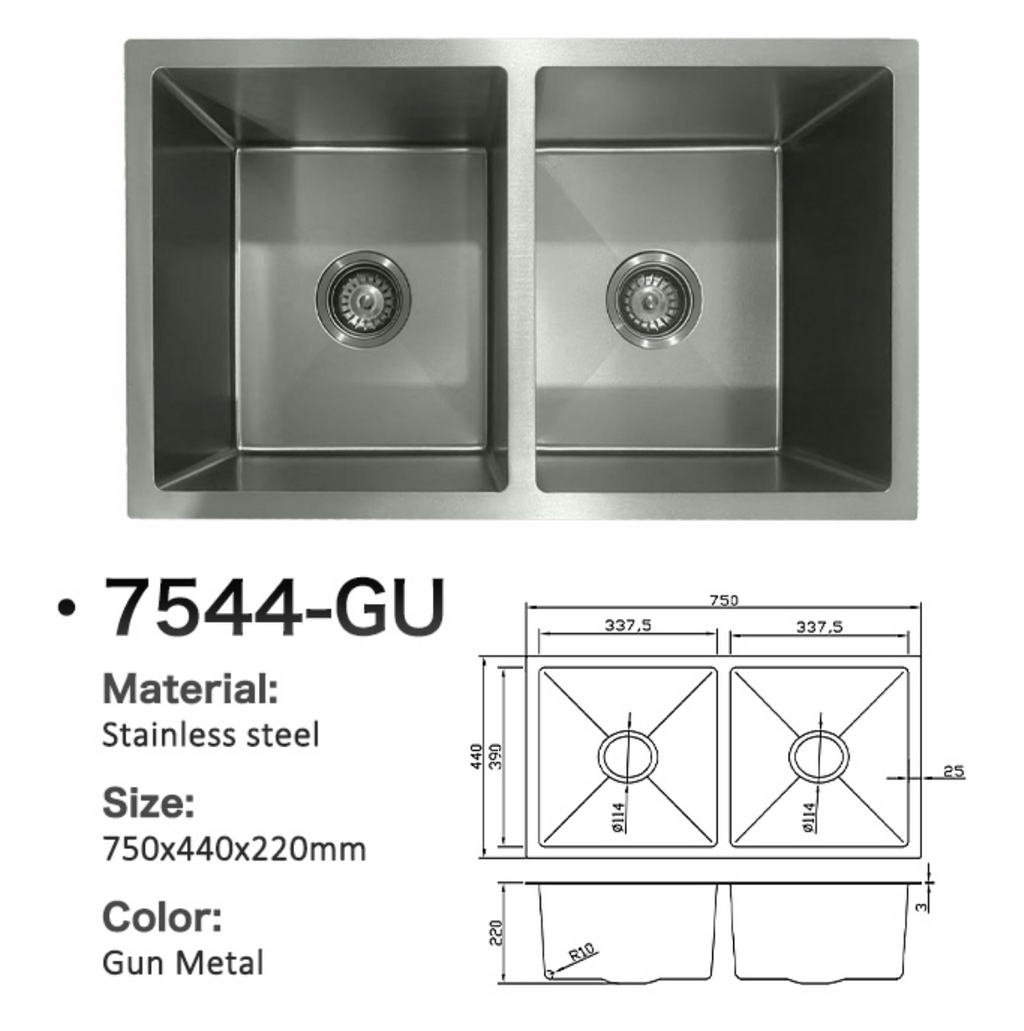 7544-GU Gun Metal Stainless Steel Double Bowl Kitchen Sink, 750x440x220mm, Modern Twin Bowl Design