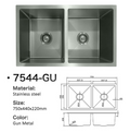 7544-GU Gun Metal Stainless Steel Double Bowl Kitchen Sink, 750x440x220mm, Modern Twin Bowl Design