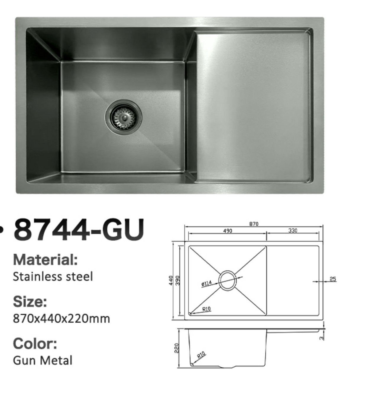 8744-GU Gun Metal Stainless Steel Kitchen Sink with Drainer Board, 870x440x220mm, Large Single Bowl Design