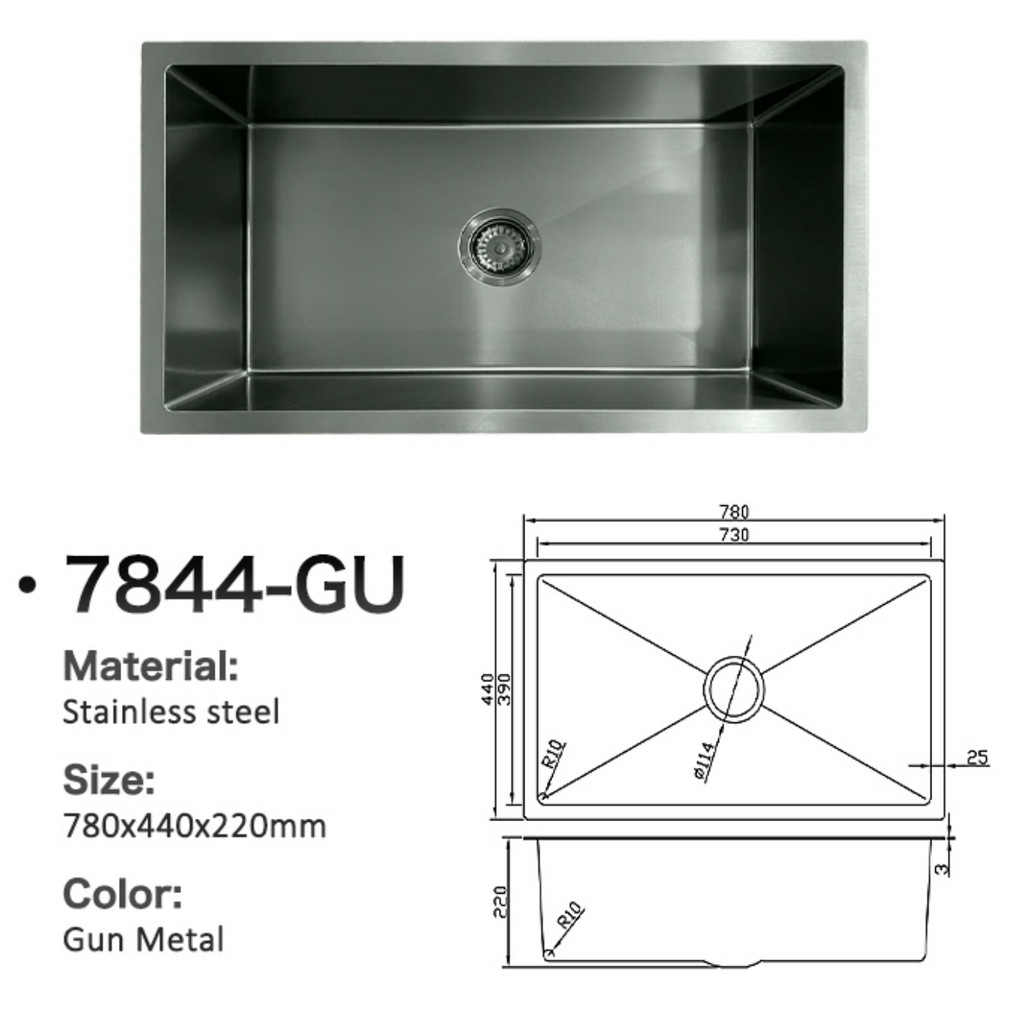 7844-GU Gun Metal Stainless Steel Kitchen Sink, 780x440x220mm, Extra Large Single Bowl Design