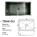 7844-GU Gun Metal Stainless Steel Kitchen Sink, 780x440x220mm, Extra Large Single Bowl Design