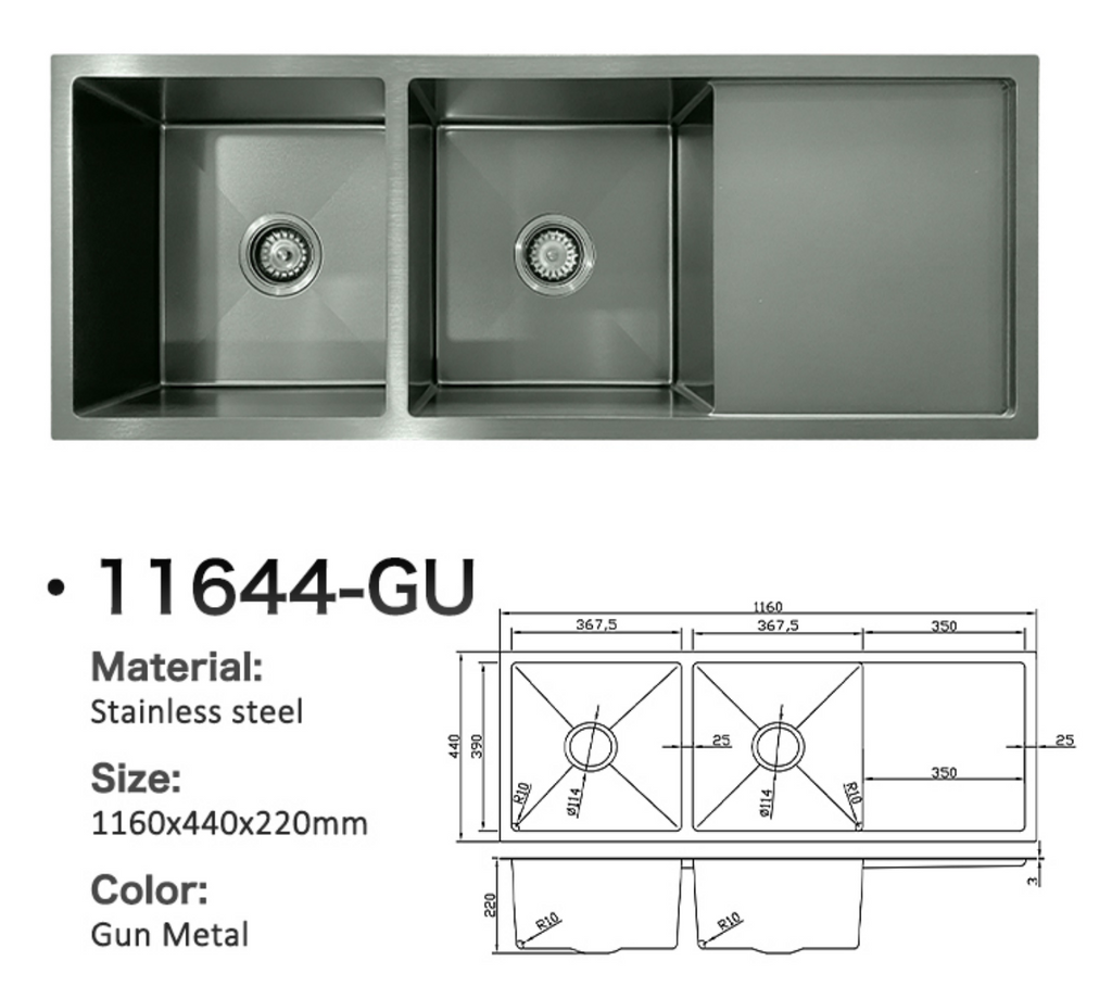 11644-GU Gun Metal Stainless Steel Double Bowl Kitchen Sink with Drainer Board, 1160x440x220mm