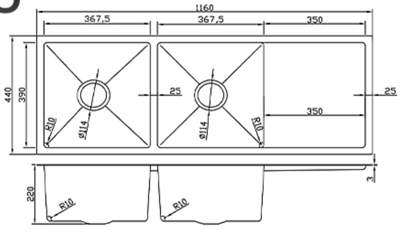 11644-GU Stainless Steel Double Bowl Sink with Right Drainer