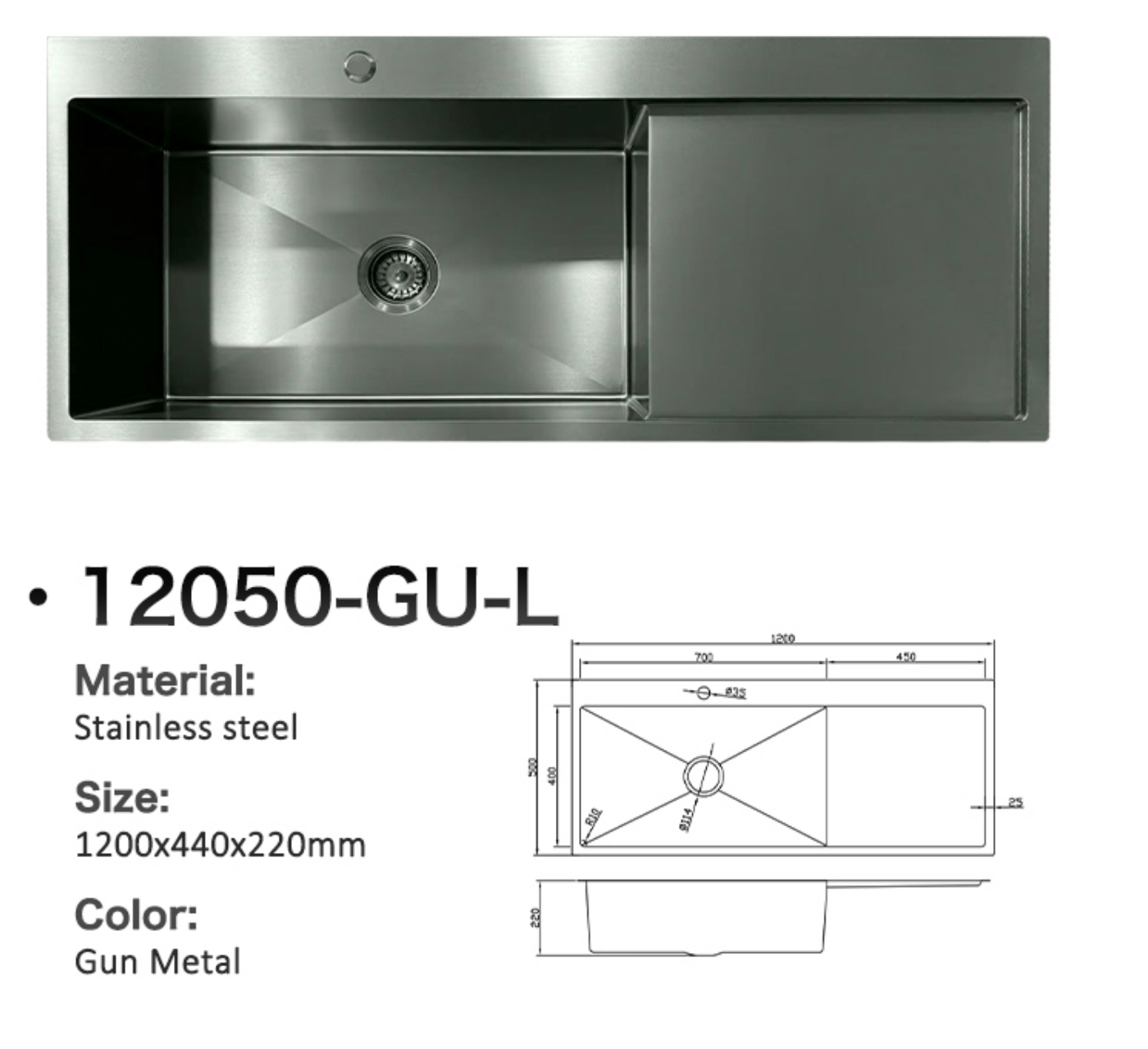 12050-GU-L Stainless Steel Sink with Right Drainer