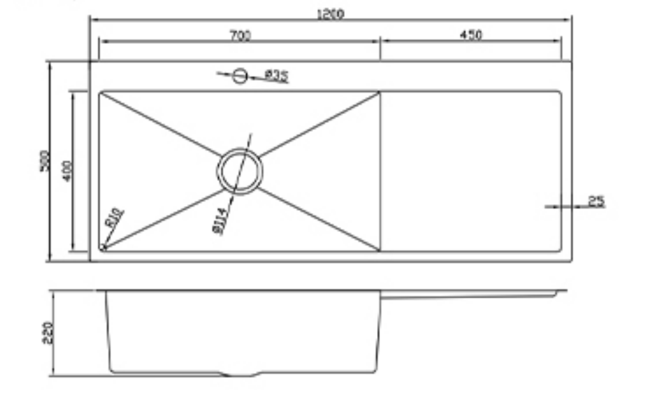 12050-GU-L Gun Metal Stainless Steel Kitchen Sink with Drainer Board, 1200x440x220mm, Left Bowl Design