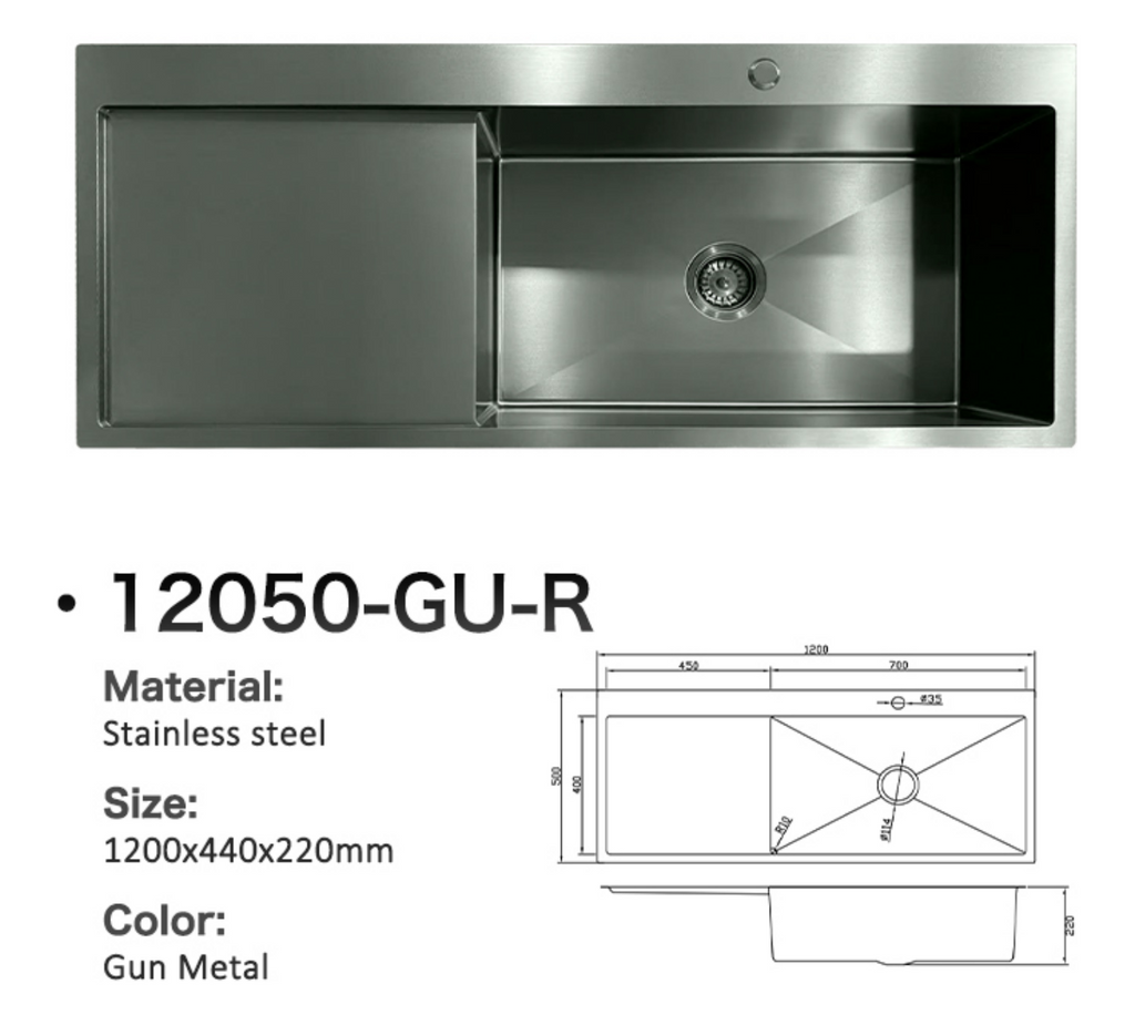 12050-GU-R Gun Metal Stainless Steel Kitchen Sink with Drainer Board, 1200x440x220mm, Right Bowl Design