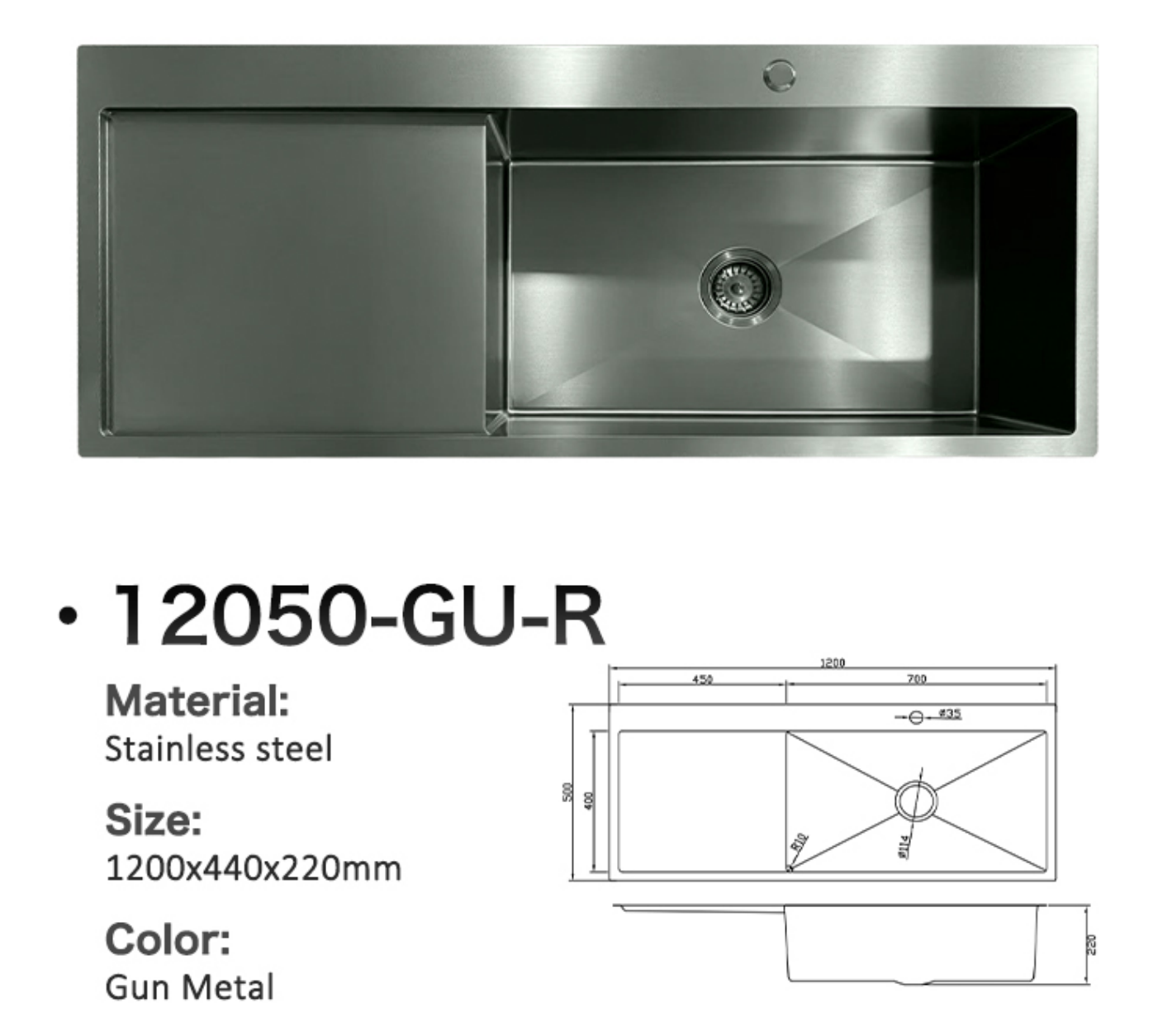 12050-GU-R Gun Metal Stainless Steel Kitchen Sink with Drainer Board, 1200x440x220mm, Right Bowl Design