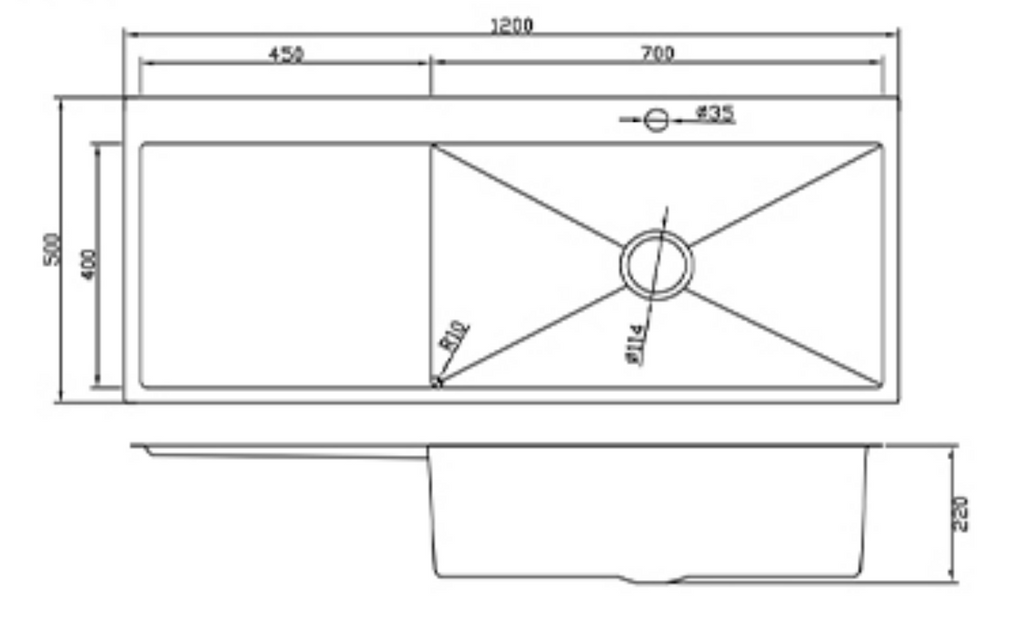 12050-GU-R Gun Metal Stainless Steel Kitchen Sink with Drainer Board, 1200x440x220mm, Right Bowl Design