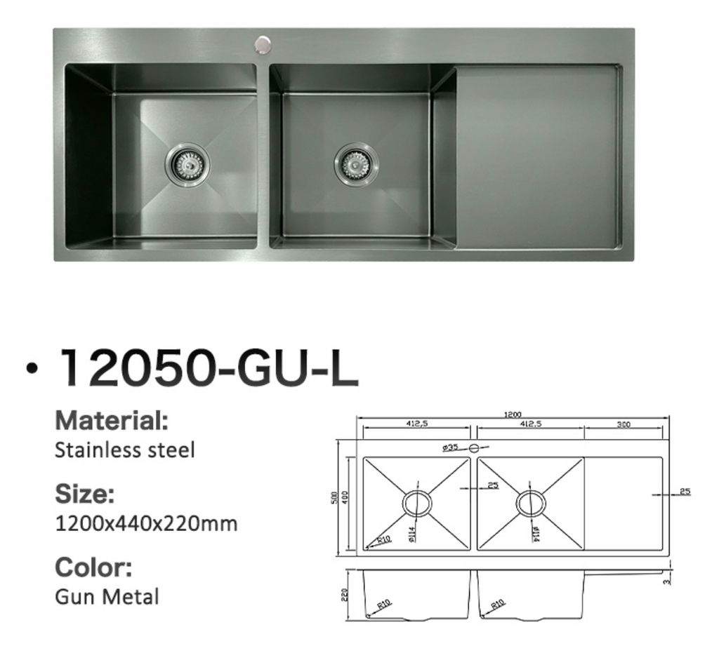 12050-GU-L Gun Metal Stainless Steel Double Bowl Kitchen Sink with Drainer Board, 1200x440x220mm