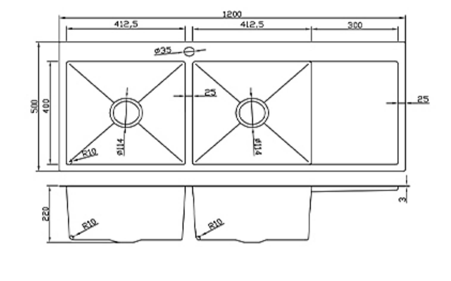 12050-GU-L Stainless Steel Double Bowl Sink with Right Drainer