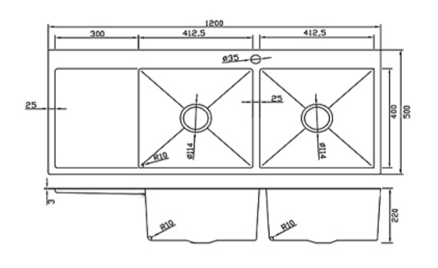 12050-GU-R Stainless Steel Double Bowl Sink with Left Drainer