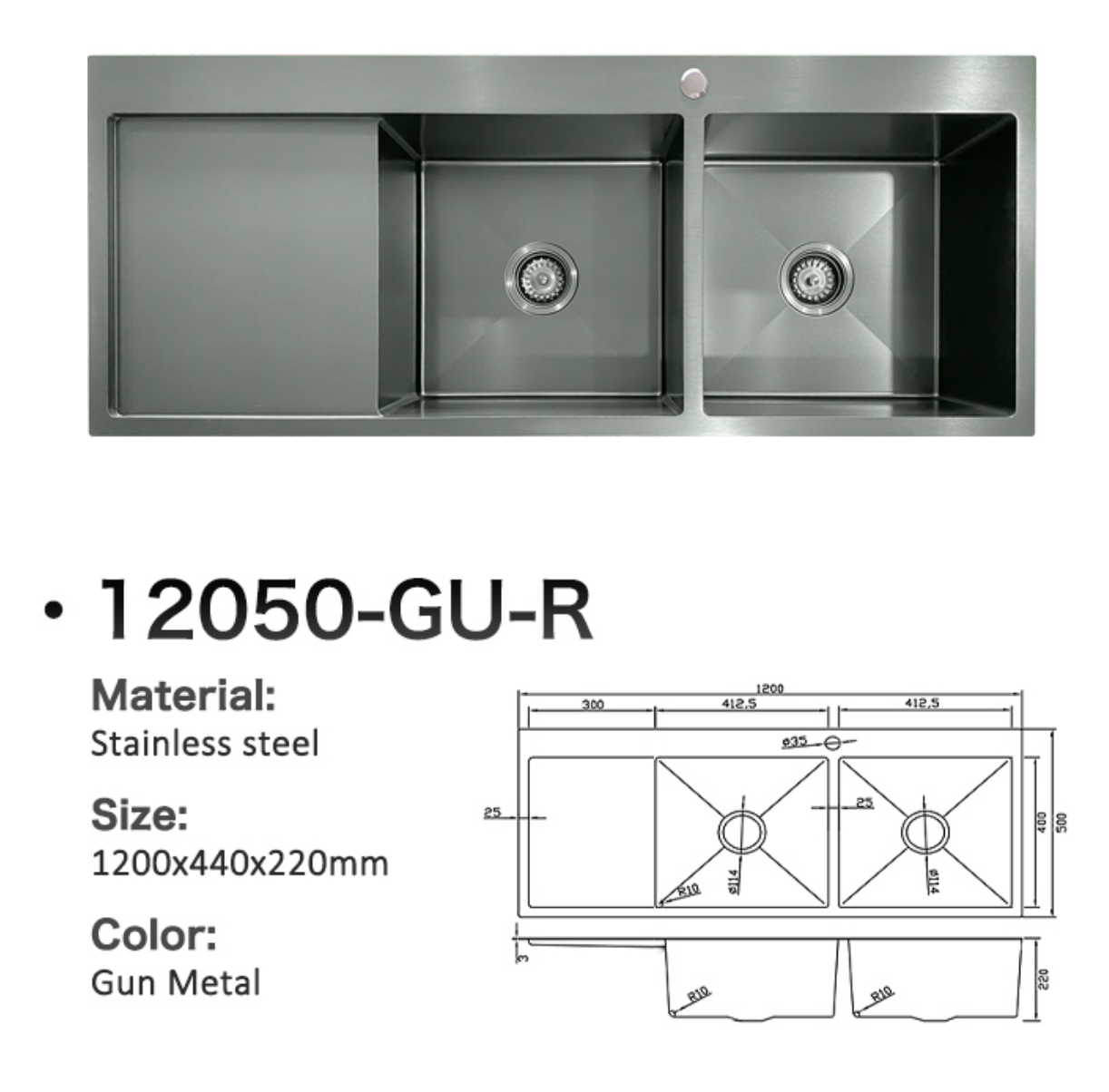 12050-GU-R Stainless Steel Double Bowl Sink with Left Drainer