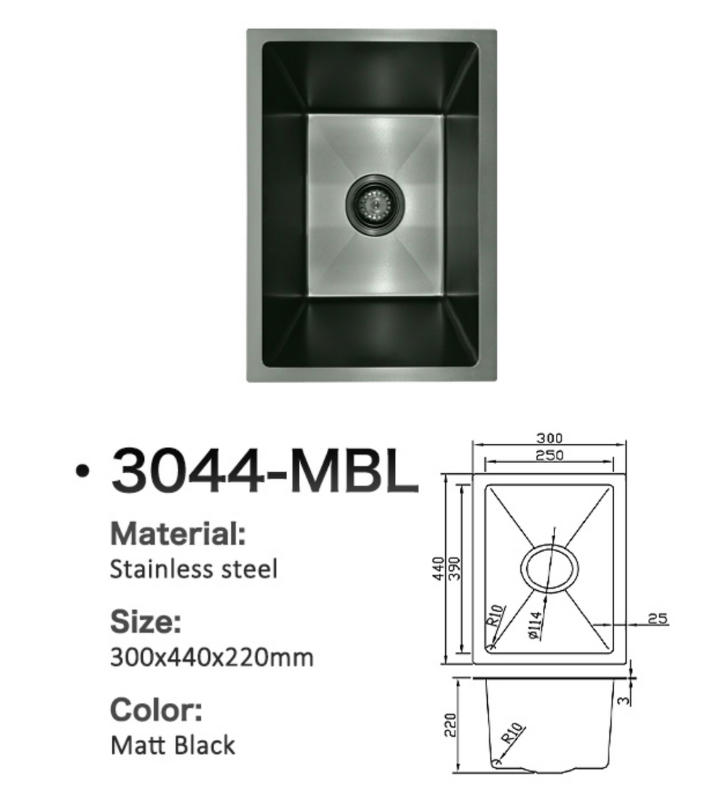 3044-MBL Matt Black Stainless Steel Kitchen Sink, 300x440x220mm