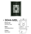 3044-MBL Matt Black Stainless Steel Kitchen Sink, 300x440x220mm