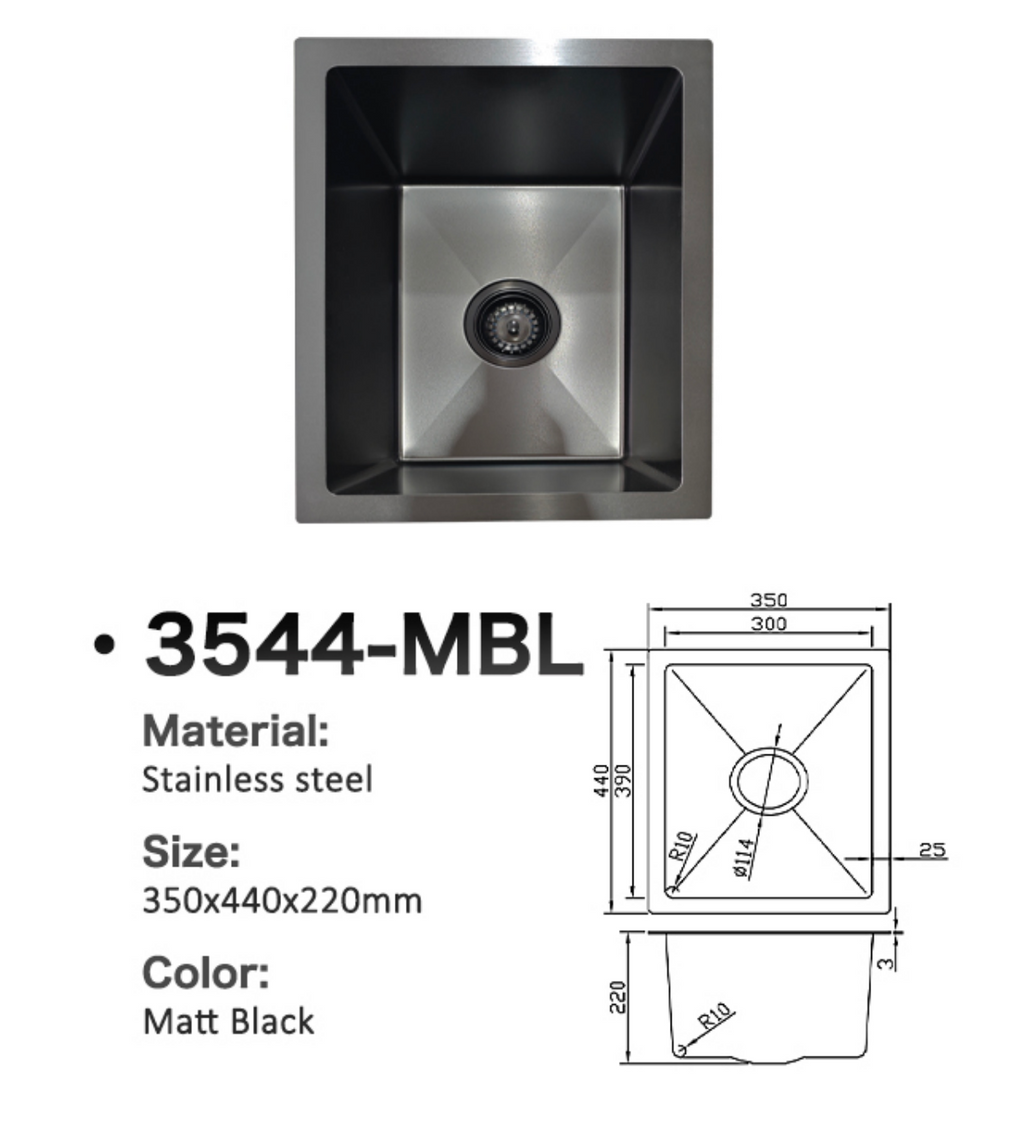 3544-MBL Matt Black Stainless Steel Kitchen Sink, 350x440x220mm