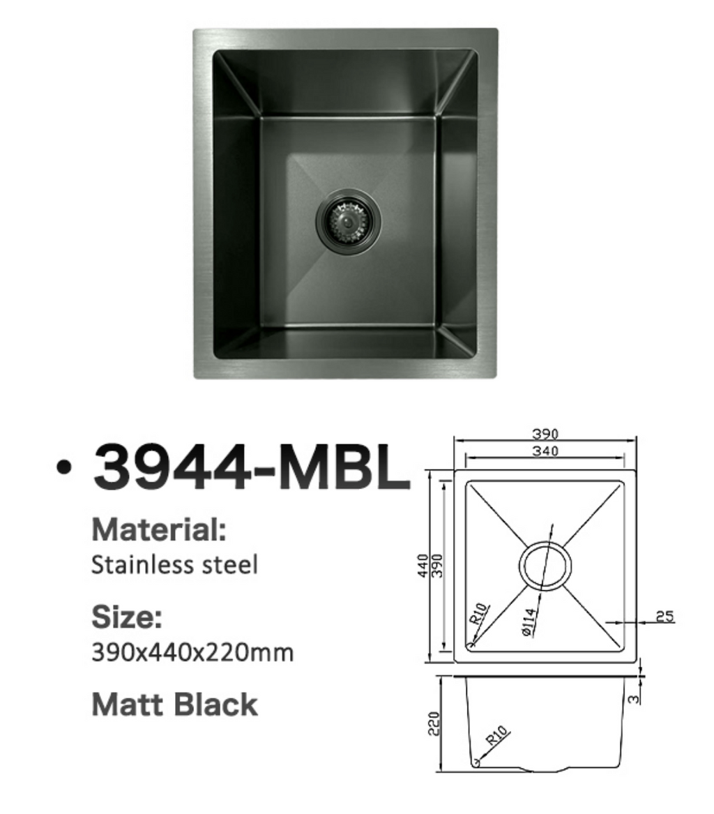 3944-MBL Matt Black Stainless Steel Kitchen Sink, 390x440x220mm