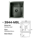 3944-MBL Matt Black Stainless Steel Kitchen Sink, 390x440x220mm
