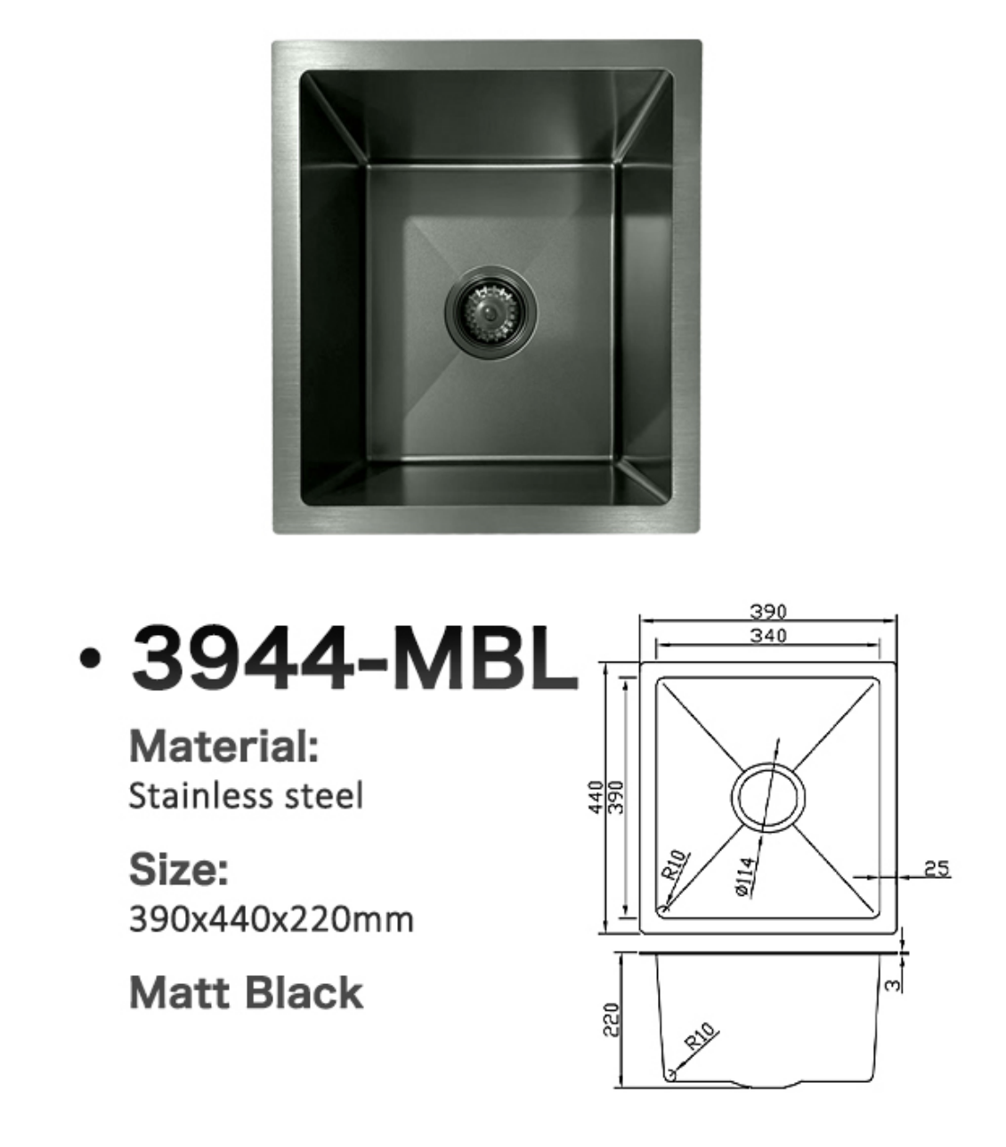 3944-MBL Matt Black Stainless Steel Kitchen Sink, 390x440x220mm