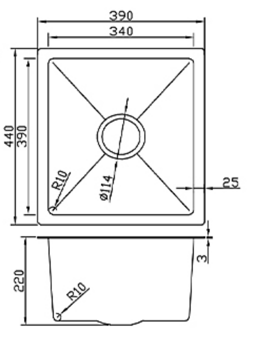 3944-MBL Matt Black Stainless Steel Kitchen Sink, 390x440x220mm