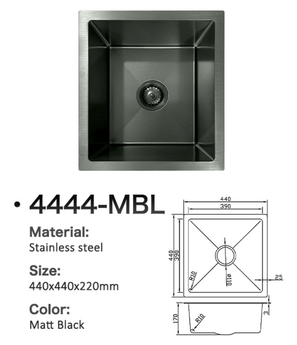 4444-MBL Matt Black Stainless Steel Kitchen Sink, 440x440x220mm
