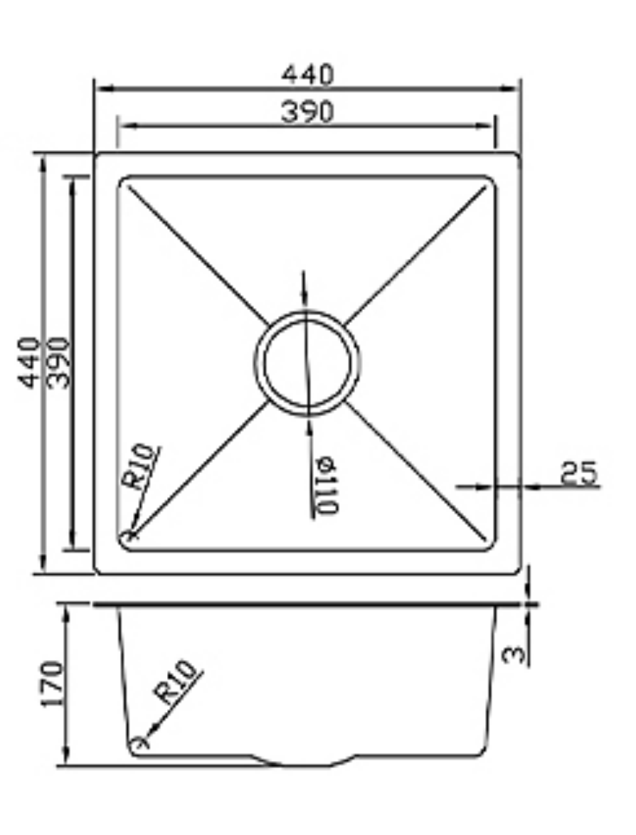 4444-MBL Matt Black Stainless Steel Kitchen Sink, 440x440x220mm