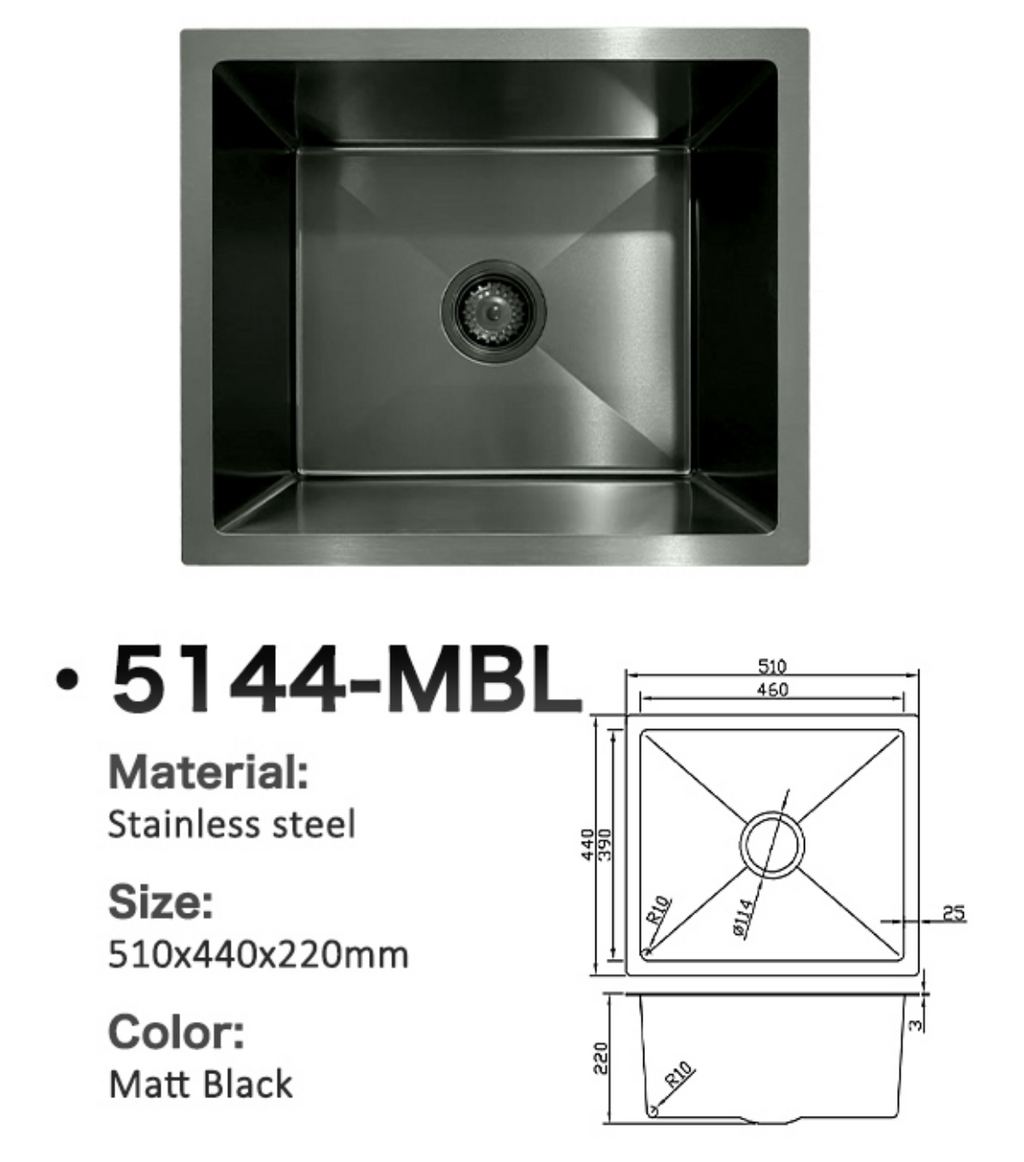 5144-MBL Matt Black Stainless Steel Kitchen Sink, 510x440x220mm