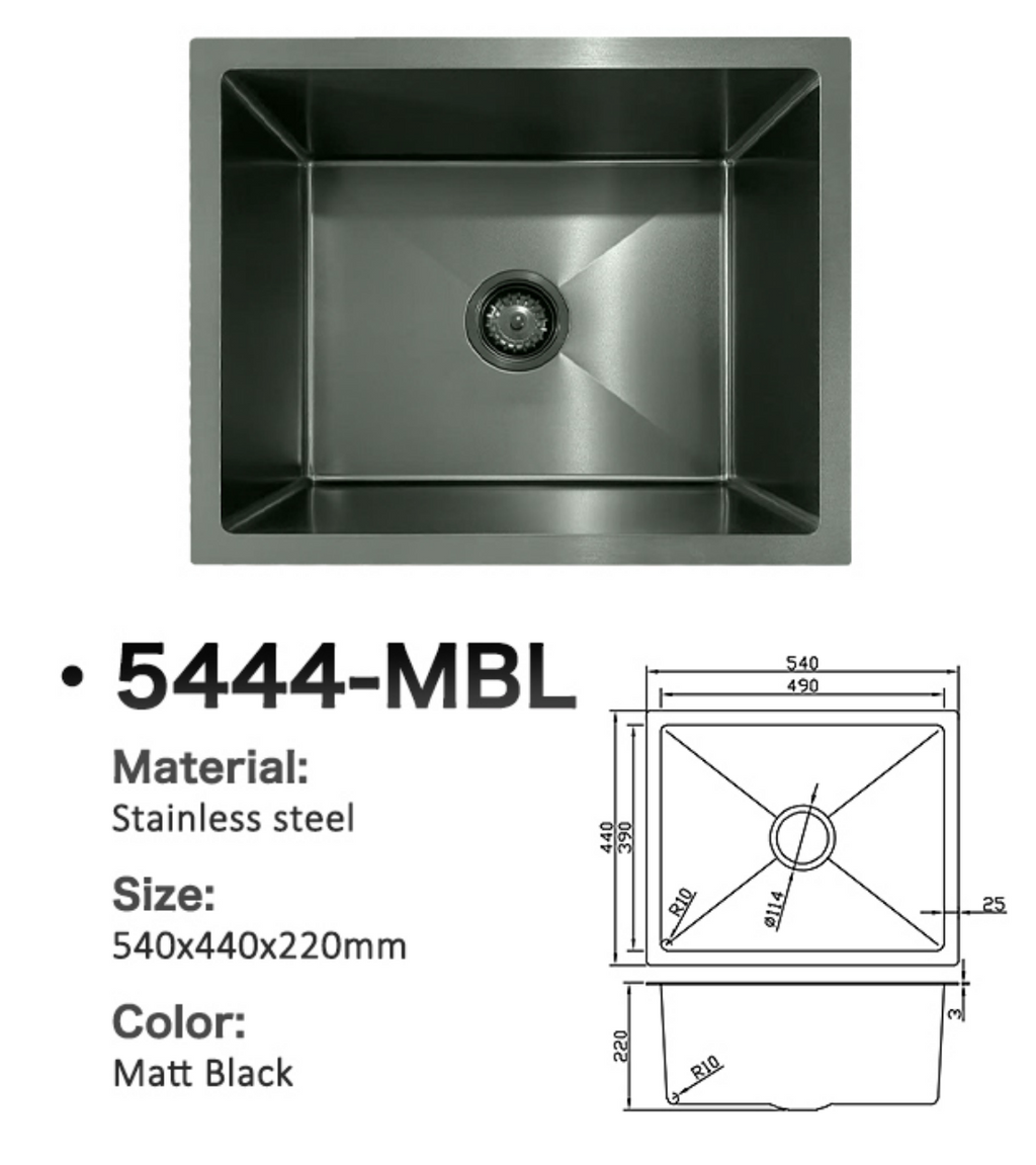 5444-MBL Matt Black Stainless Steel Kitchen Sink, 540x440x220mm