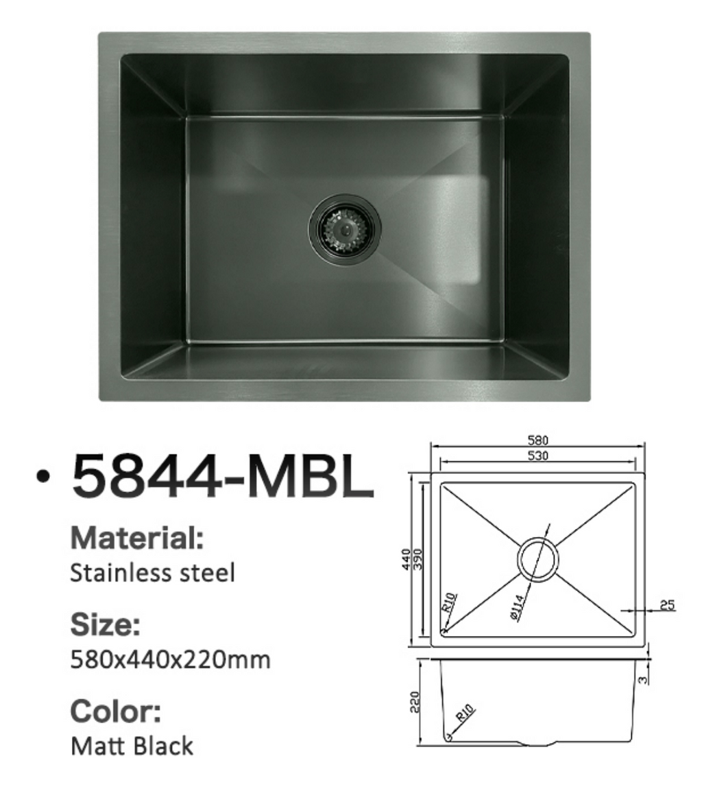 5844-MBL Matt Black Stainless Steel Kitchen Sink, 580x440x220mm