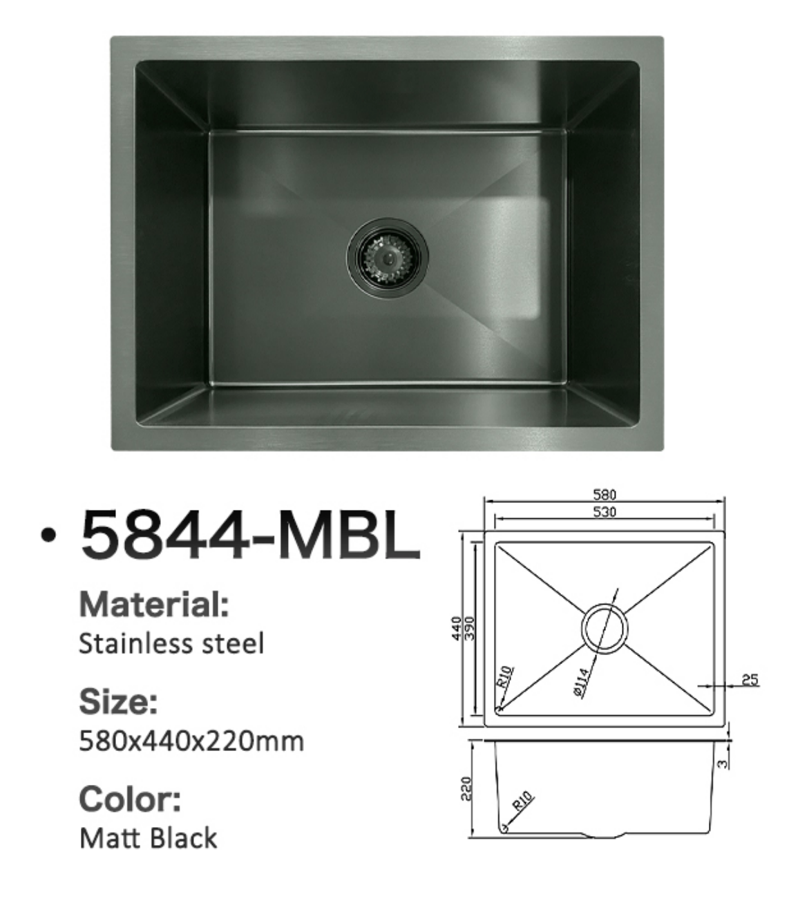 5844-MBL Matt Black Stainless Steel Kitchen Sink, 580x440x220mm