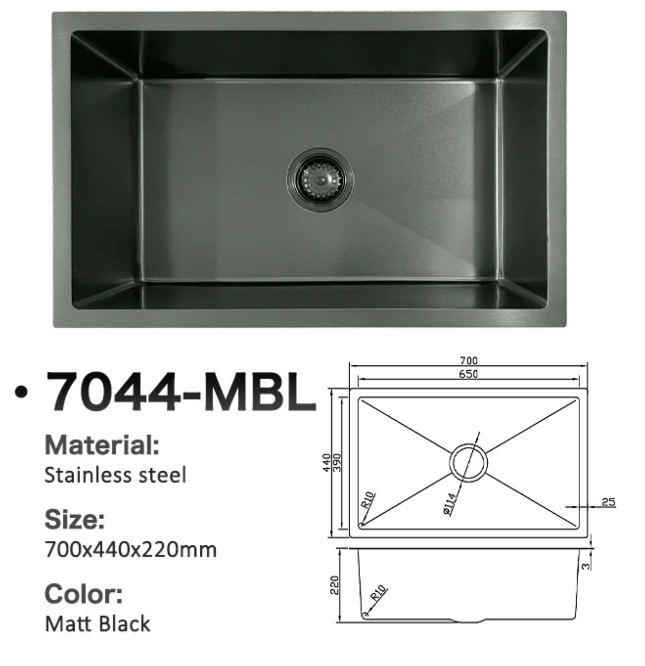 7044-MBL Matt Black Stainless Steel Kitchen Sink, 700x440x220mm