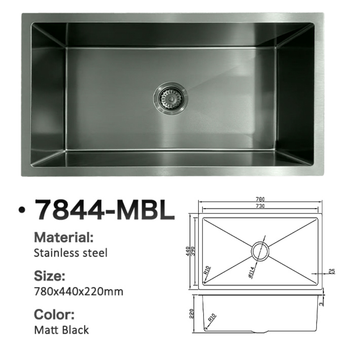 7844-MBL Matt Black Stainless Steel Kitchen Sink, 780x440x220mm