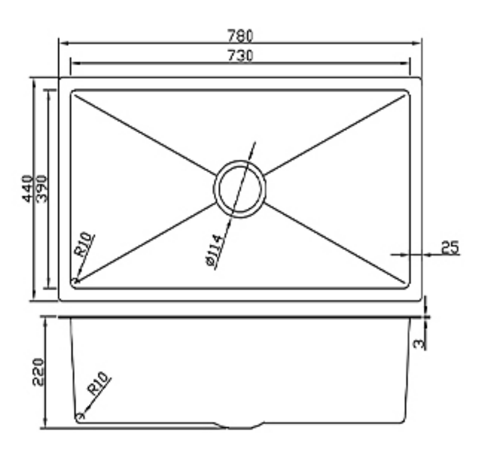 7844-MBL Matt Black Stainless Steel Kitchen Sink, 780x440x220mm