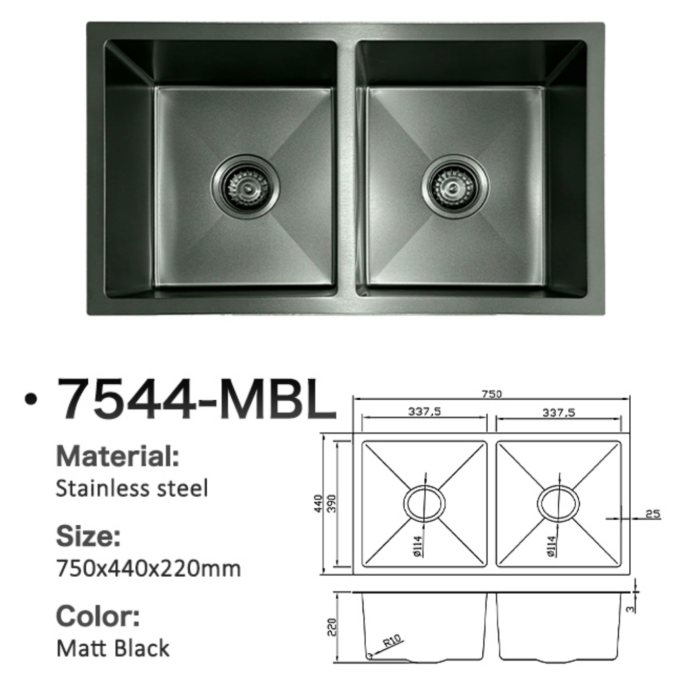 7544-MBL Stainless Steel Double Bowl Sink