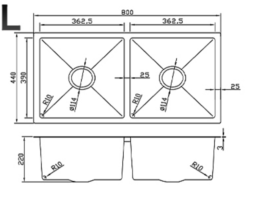 8044-MBL Matt Black Stainless Steel Double Bowl Kitchen Sink, 800x440x220mm