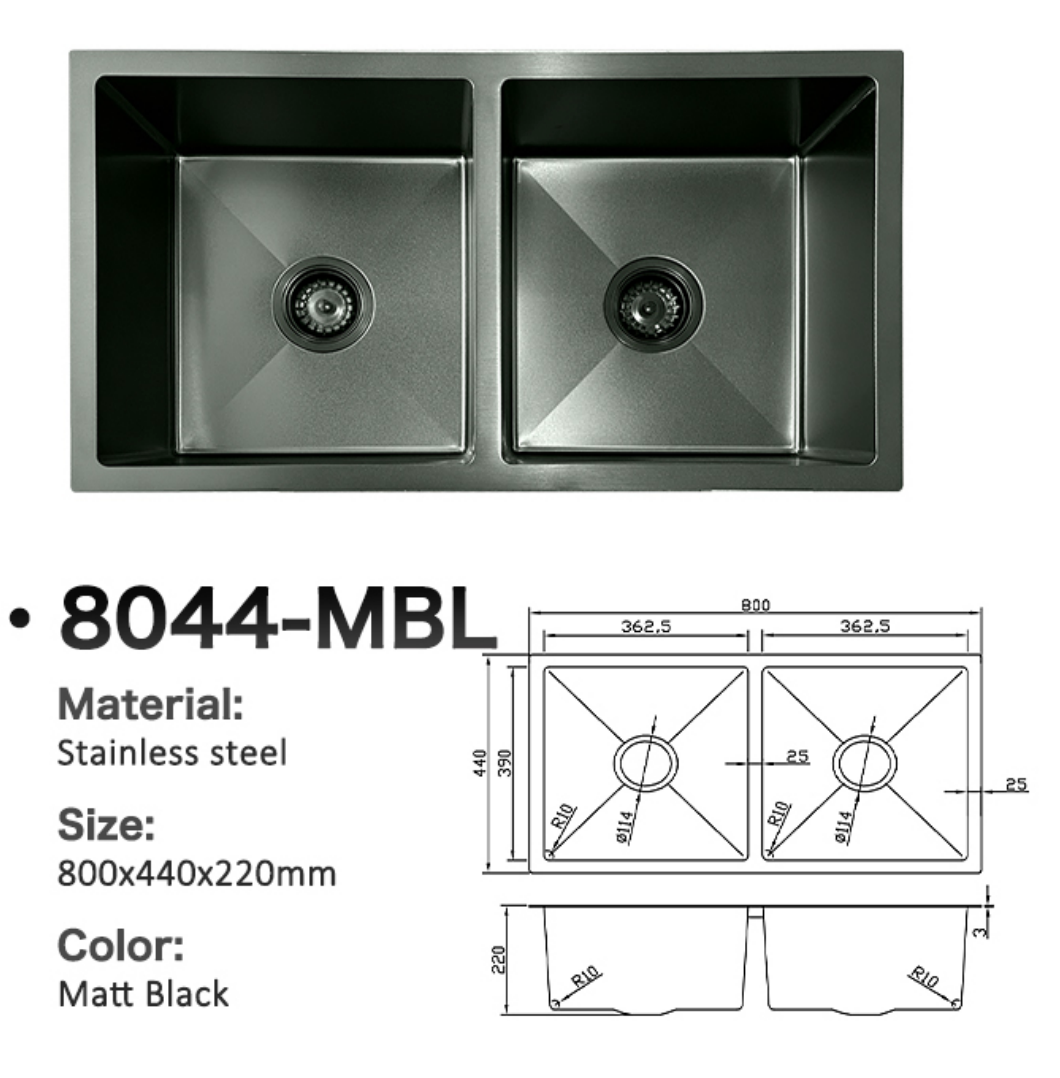 8044-MBL Matt Black Stainless Steel Double Bowl Kitchen Sink, 800x440x220mm