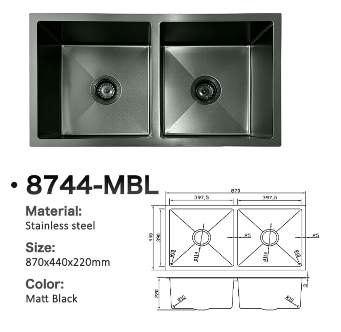 8744-MBL Matt Black Stainless Steel Double Bowl Kitchen Sink, 870x440x220mm
