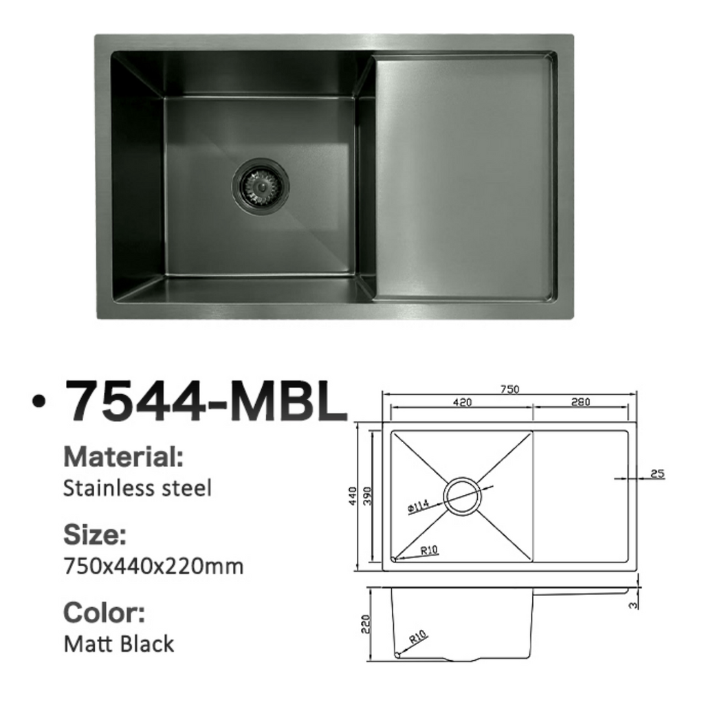 7544-MBL Matt Black Stainless Steel Single Bowl Kitchen Sink with Drainer, 750x440x220mm