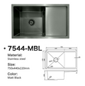 7544-MBL Matt Black Stainless Steel Single Bowl Kitchen Sink with Drainer, 750x440x220mm