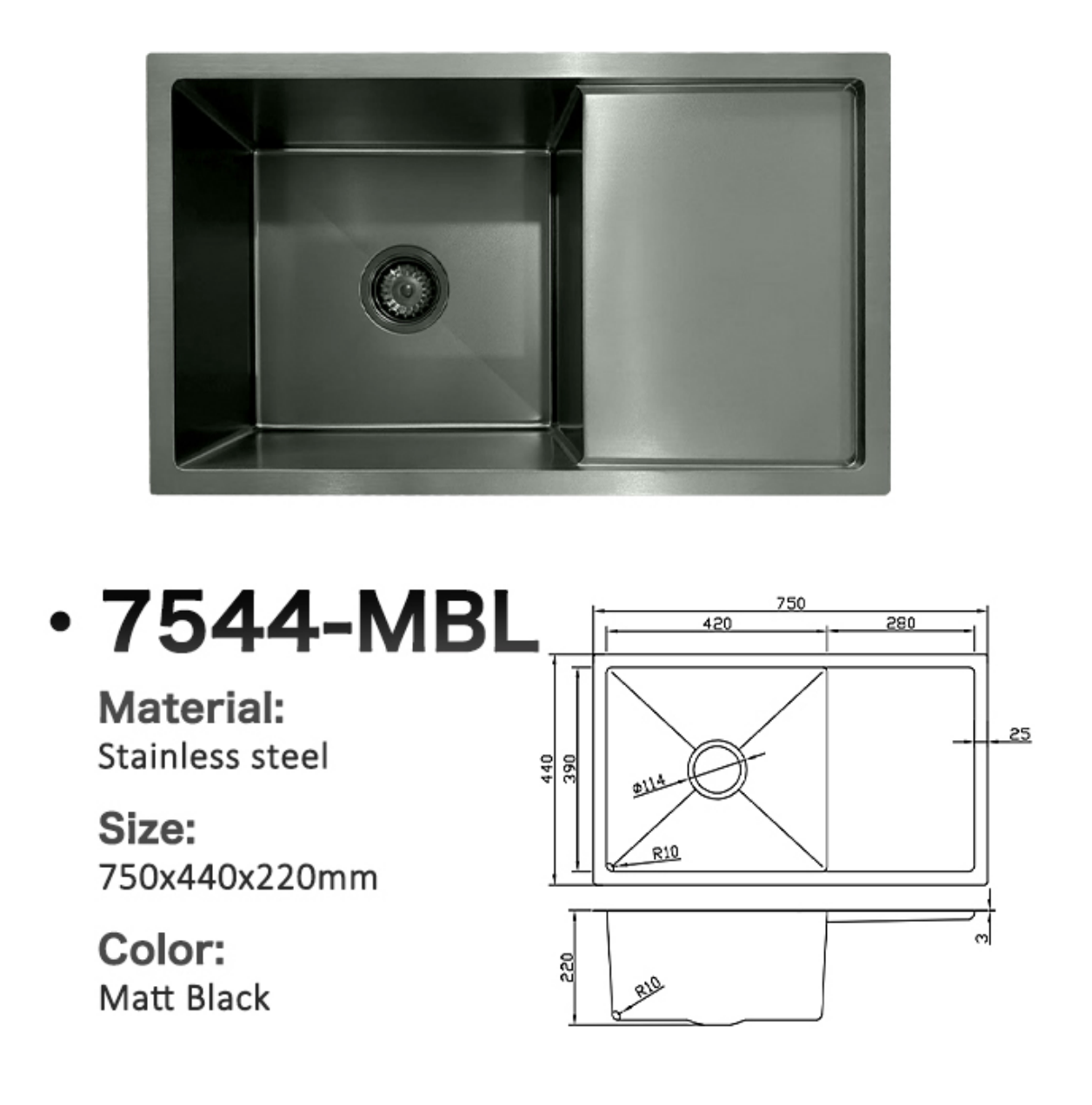 7544-MBL Stainless Steel Single Bowl Sink with Right Drainer