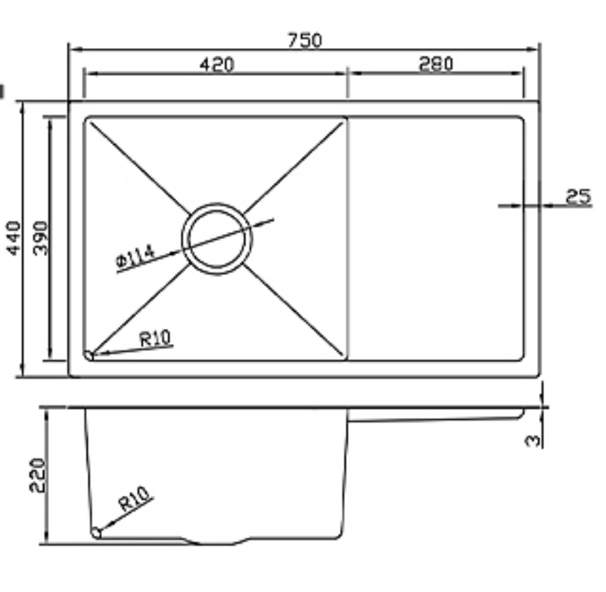 7544-MBL Matt Black Stainless Steel Single Bowl Kitchen Sink with Drainer, 750x440x220mm